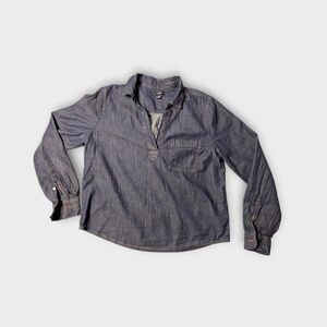 J.Crew Dark Wash Denim Popover Shirt S Chambray Long Sleeve V-Neck 100% Cotton